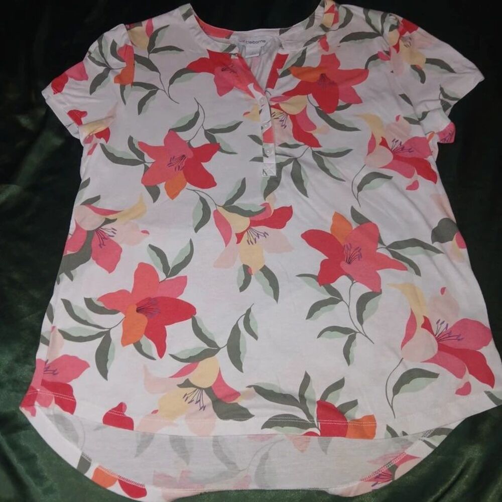 Liz Claiborne Floral Henley Top Size L Vibrant Summer Lily Split Neck Blouse